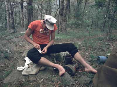 Jim applying moleskin on Frosty Mountain